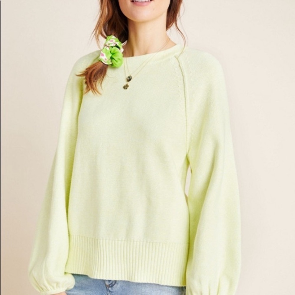 Anthropologie Emily Puff-Sleeved Knit Tie Back Neon Green Sweater sz S - Picture 3 of 9